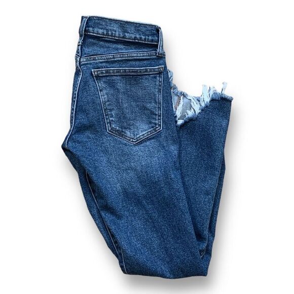 Gap 1969 High Rise Slim Straight Jeans Blue Distressed Frayed Destroyed Hem - Picture 1 of 7